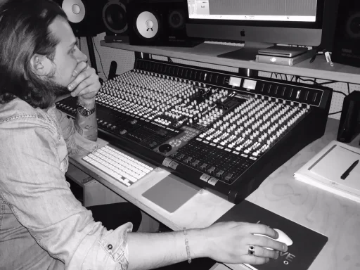 Mann arbeitet konzentriert an einem Mischpult in einem Tonstudio.