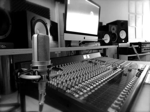Mischpult mit Mikrofon und Computer im Musikstudio.