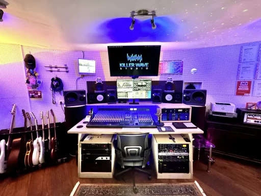 Ein moderner Musikproduktionsraum mit Mischpult, Monitoren und Instrumenten.
