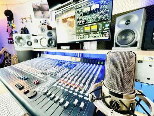 Ein modernes Tonstudio mit Mischpult, Mikrofon und Soundmonitoren.