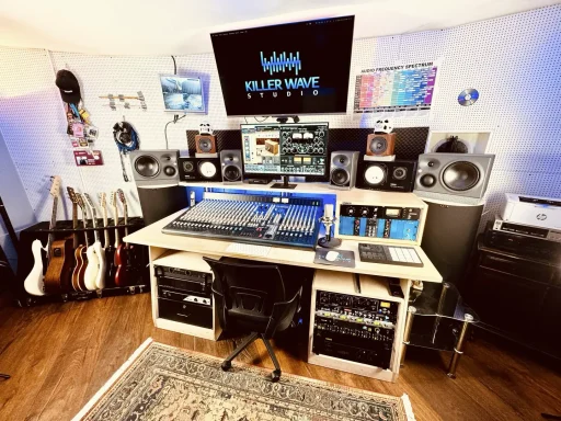 Moderne Musikproduktionsumgebung mit Mischpult, Monitoren und Instrumenten.